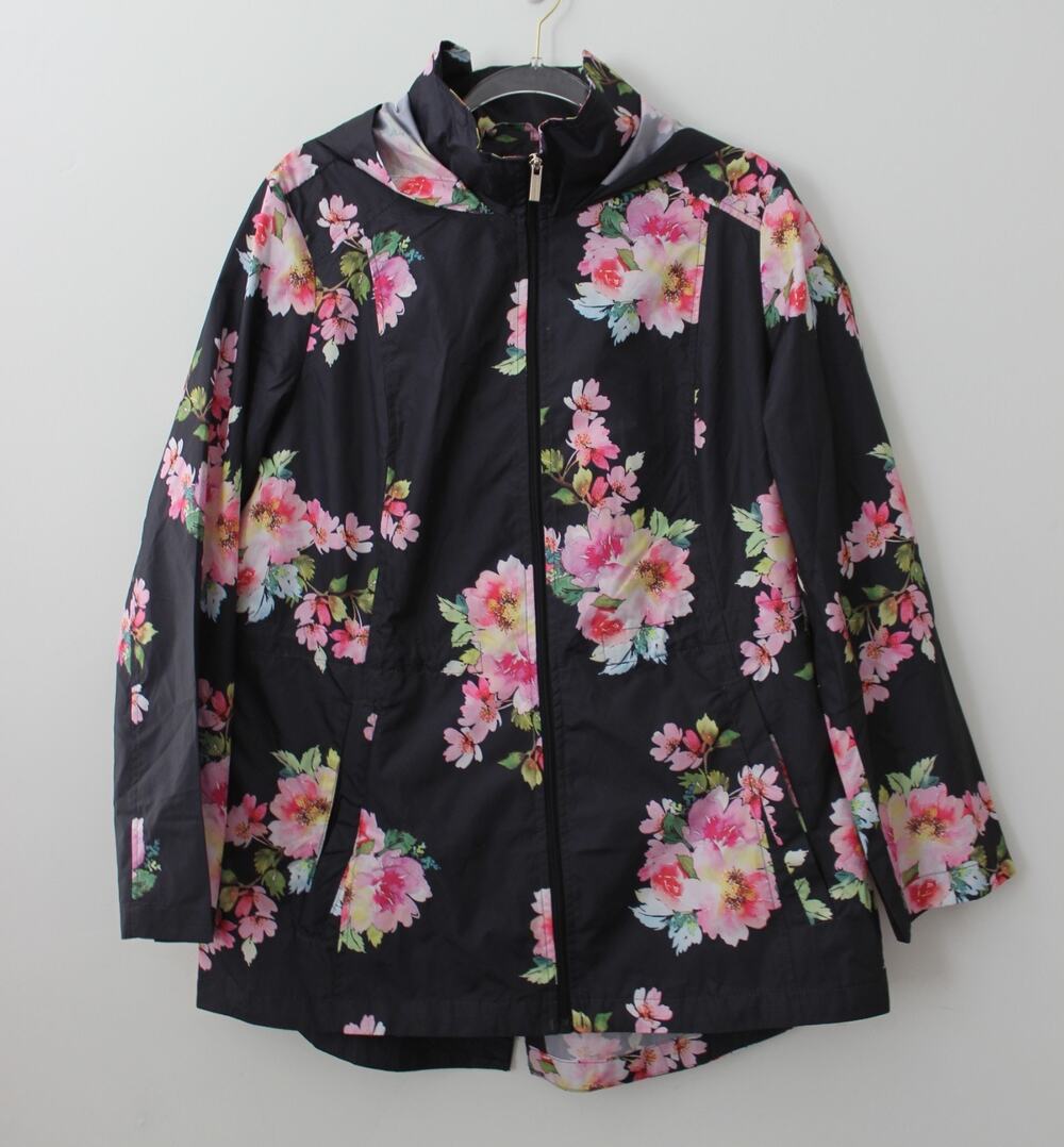Susan Graver Womens Floral Windbreaker Jacket Black Pink Hooded Size M Used
